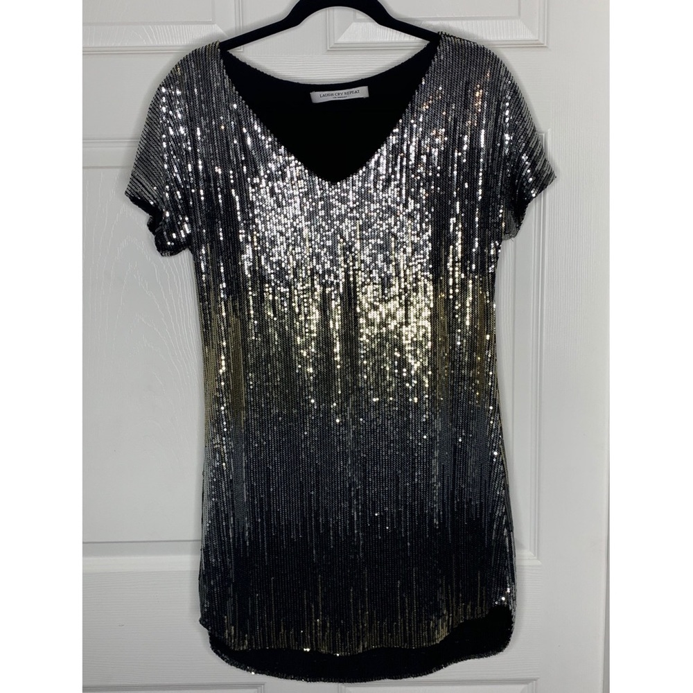 Laugh Cry Repeat Mini Shift Sequins Dress Sz S
